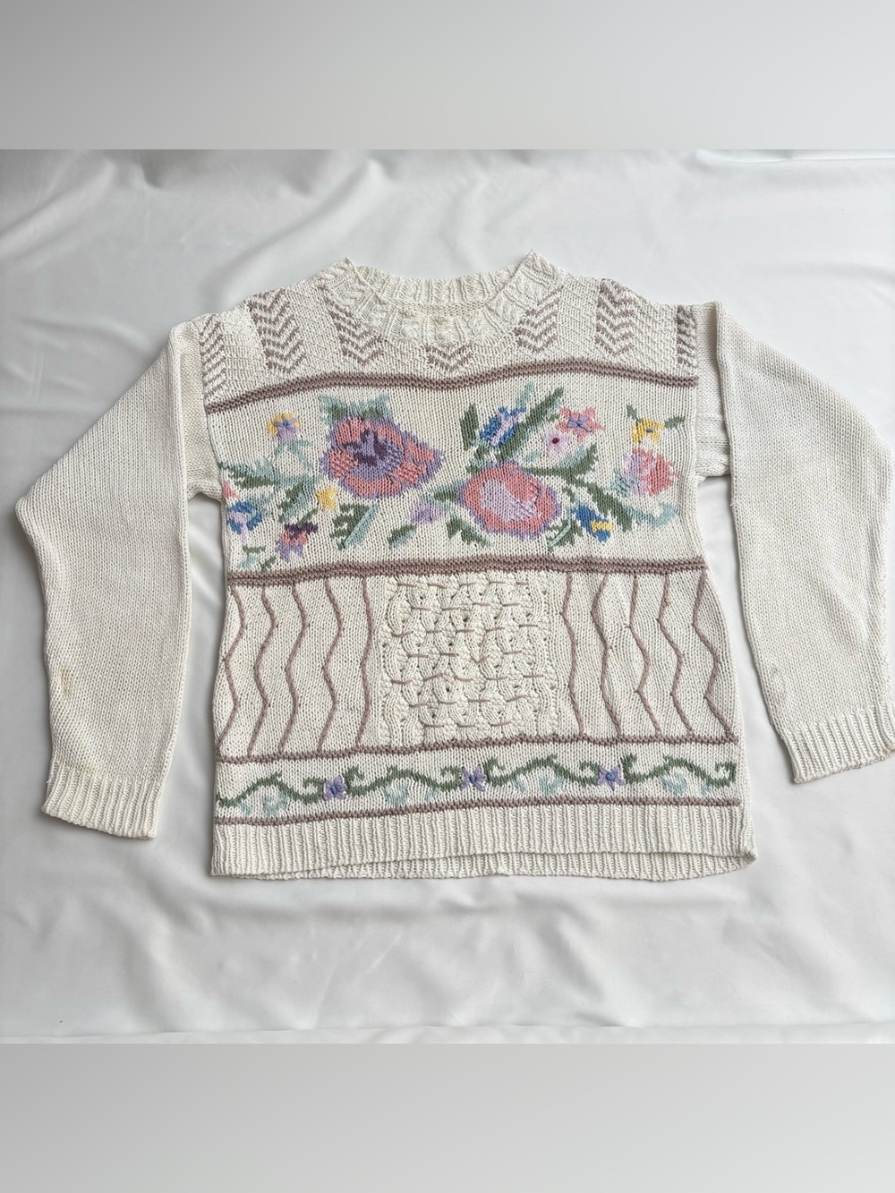 Chunky Cottage Sweater Vintage 80s 90s Art Pastel Oversized Floral S Embroidered